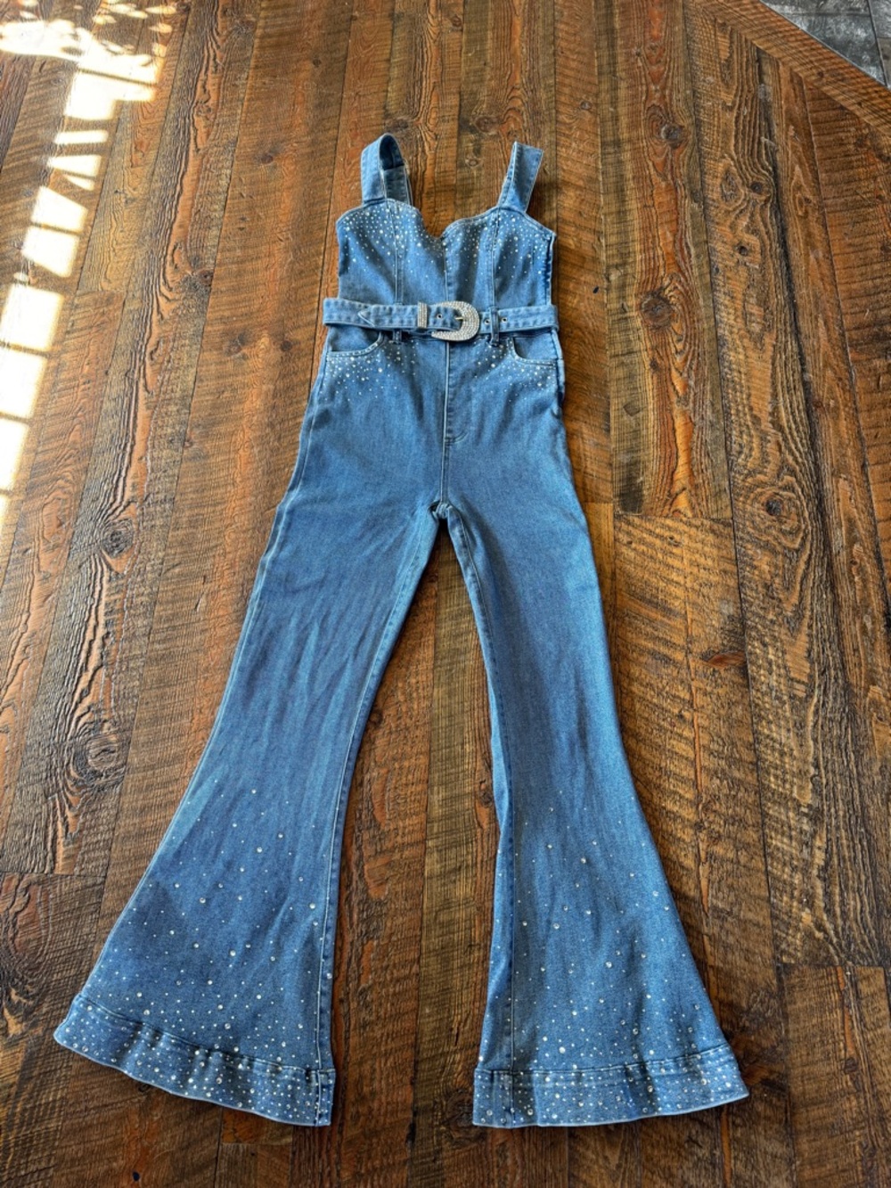 Show Me Your MuMu Blue Denim Flare Jumpsuit with Belt